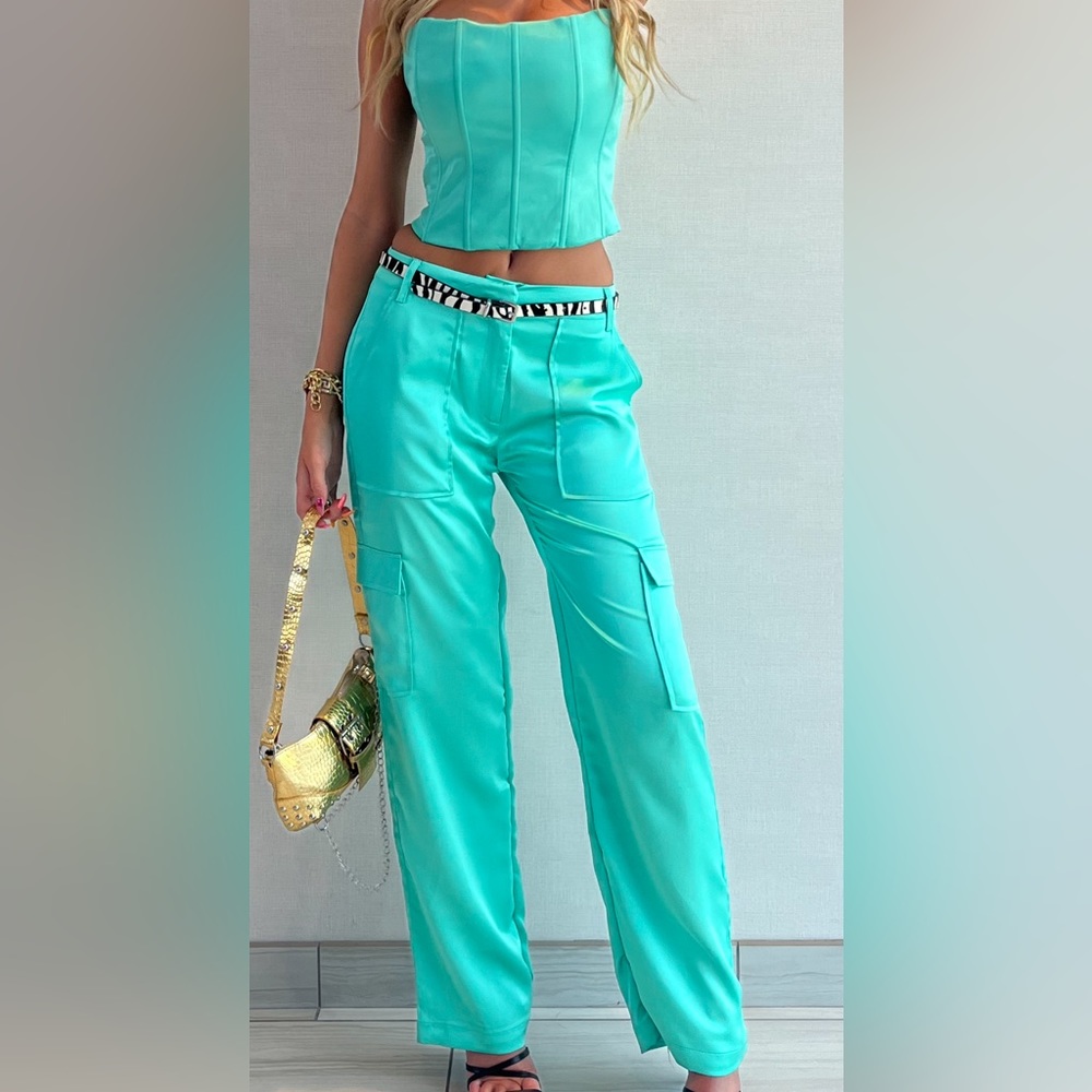 Mint satin meshki pant set